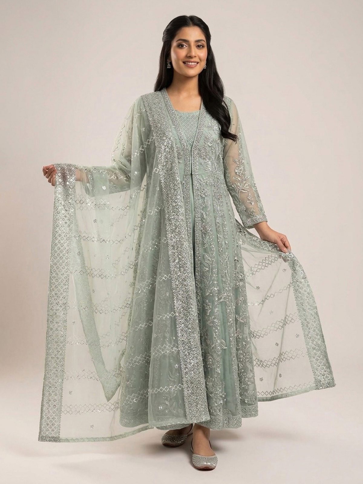 3pc maxi with embroided dupatta