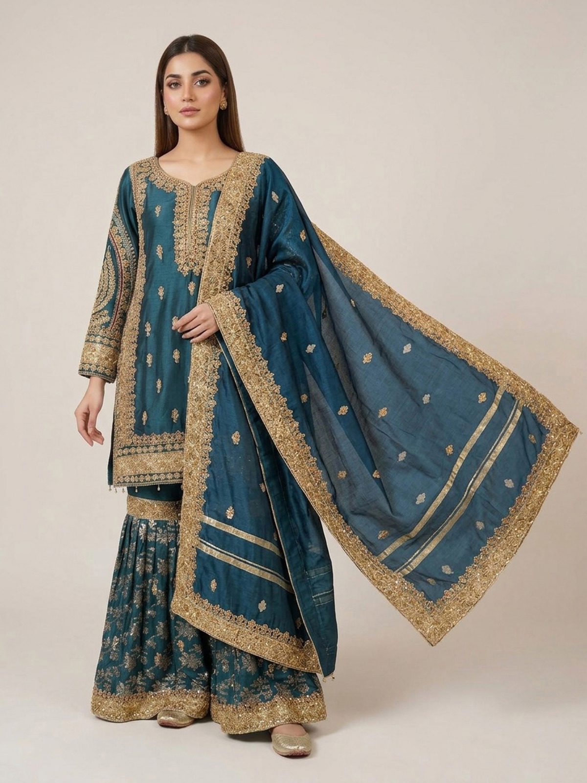 3pc maxi with embroided dupatta