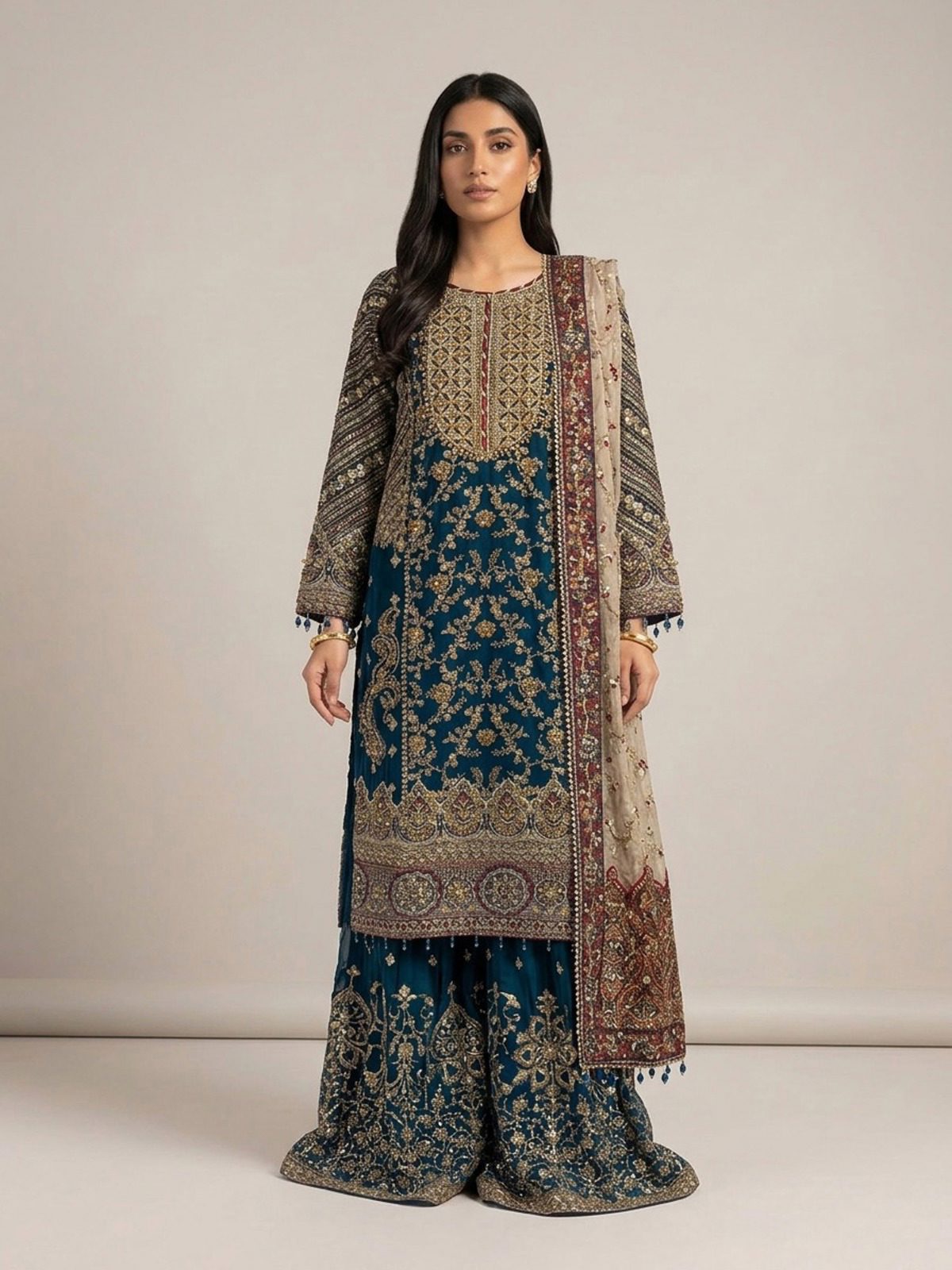 3pc maxi with embroided dupatta
