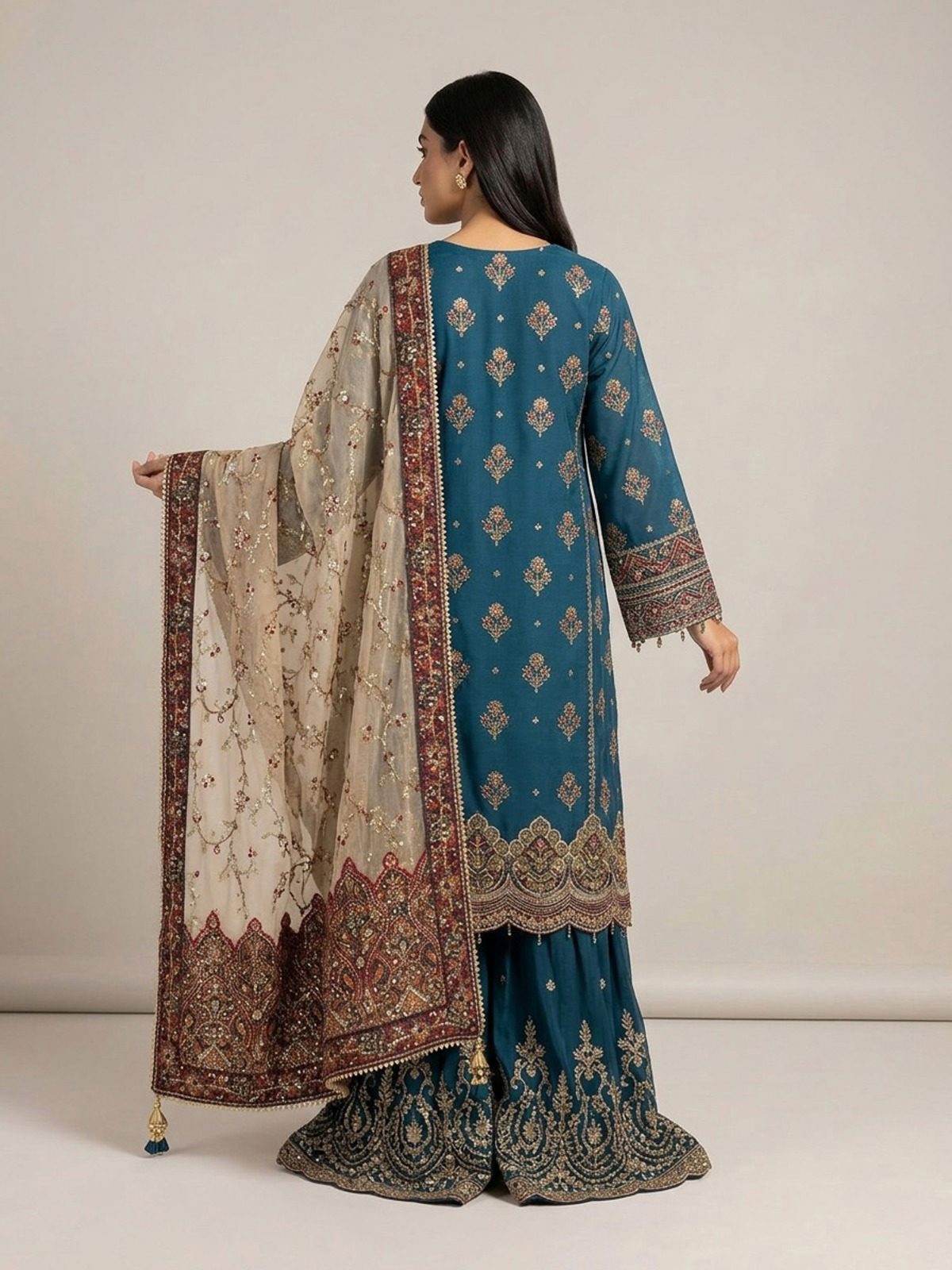 3pc maxi with embroided dupatta