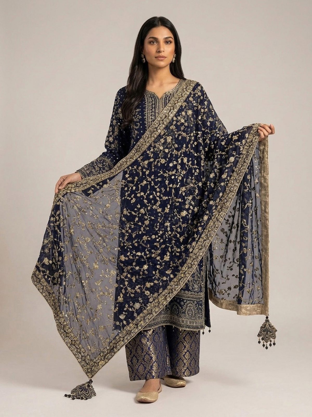 3pc maxi with embroided dupatta