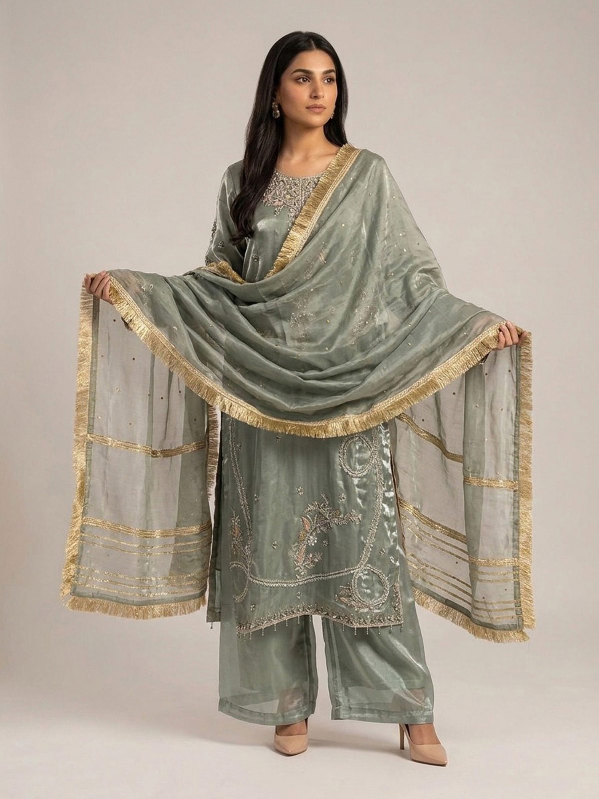 3pc premium embroidery dress with embroided dupatta and plazo