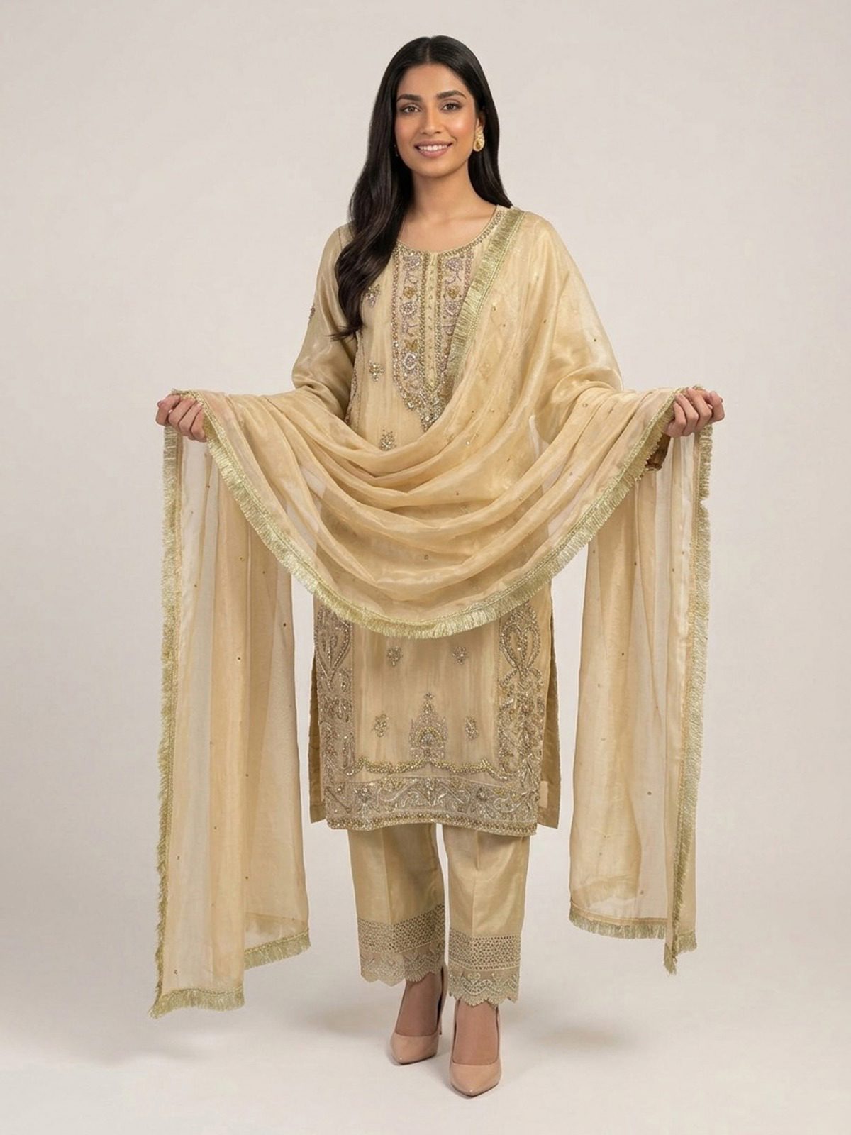 3pc premium embroidery dress with embroided dupatta and plazo