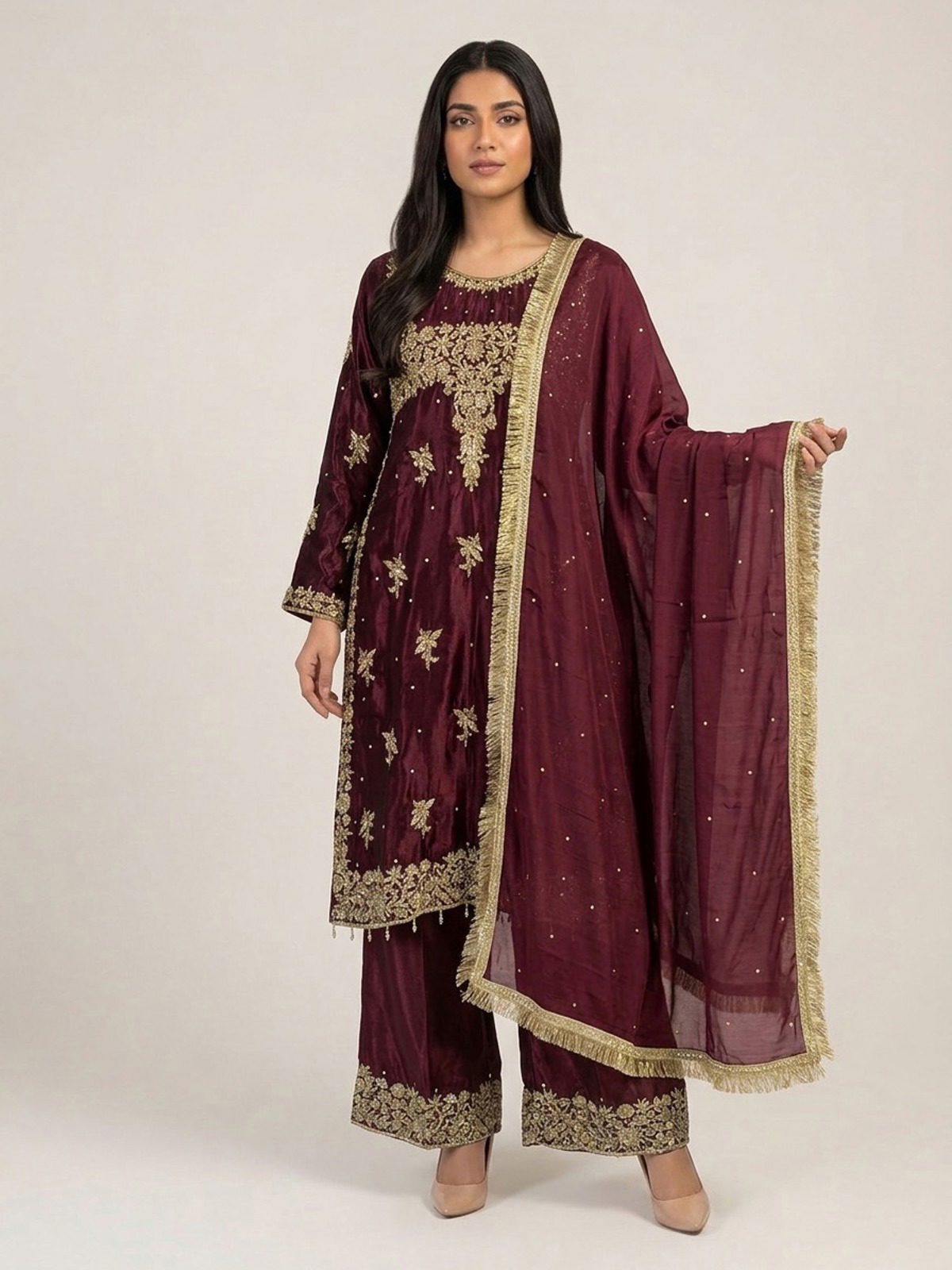 3pc premium embroidery dress with embroided dupatta and plazo