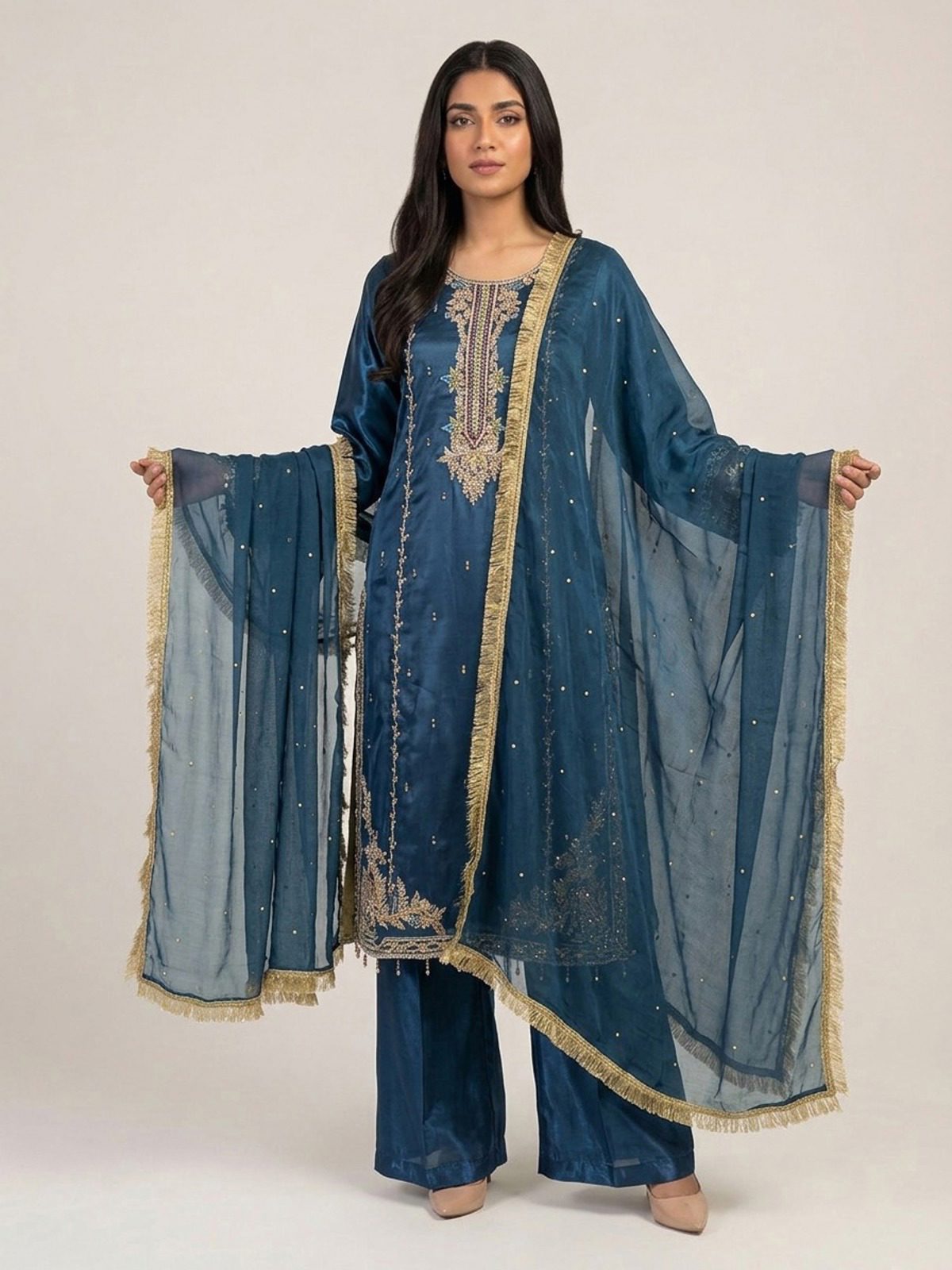 3pc premium embroidery dress with embroided dupatta and plazo