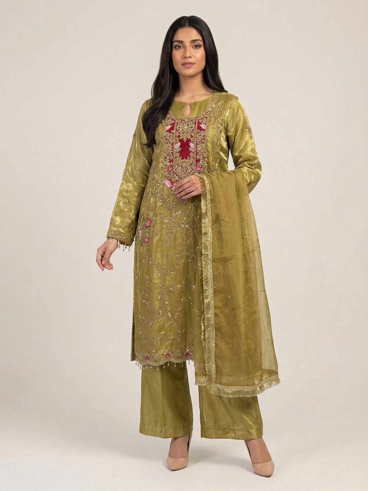 3pc premium embroidery dress with embroided dupatta and plazo