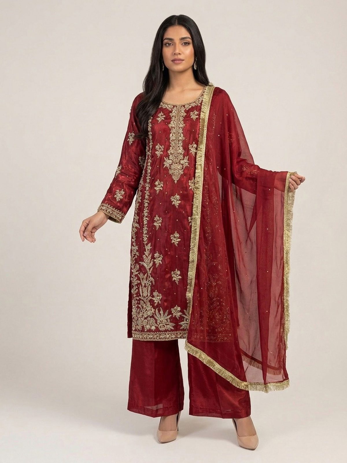 3pc premium embroidery dress with embroided dupatta and plazo
