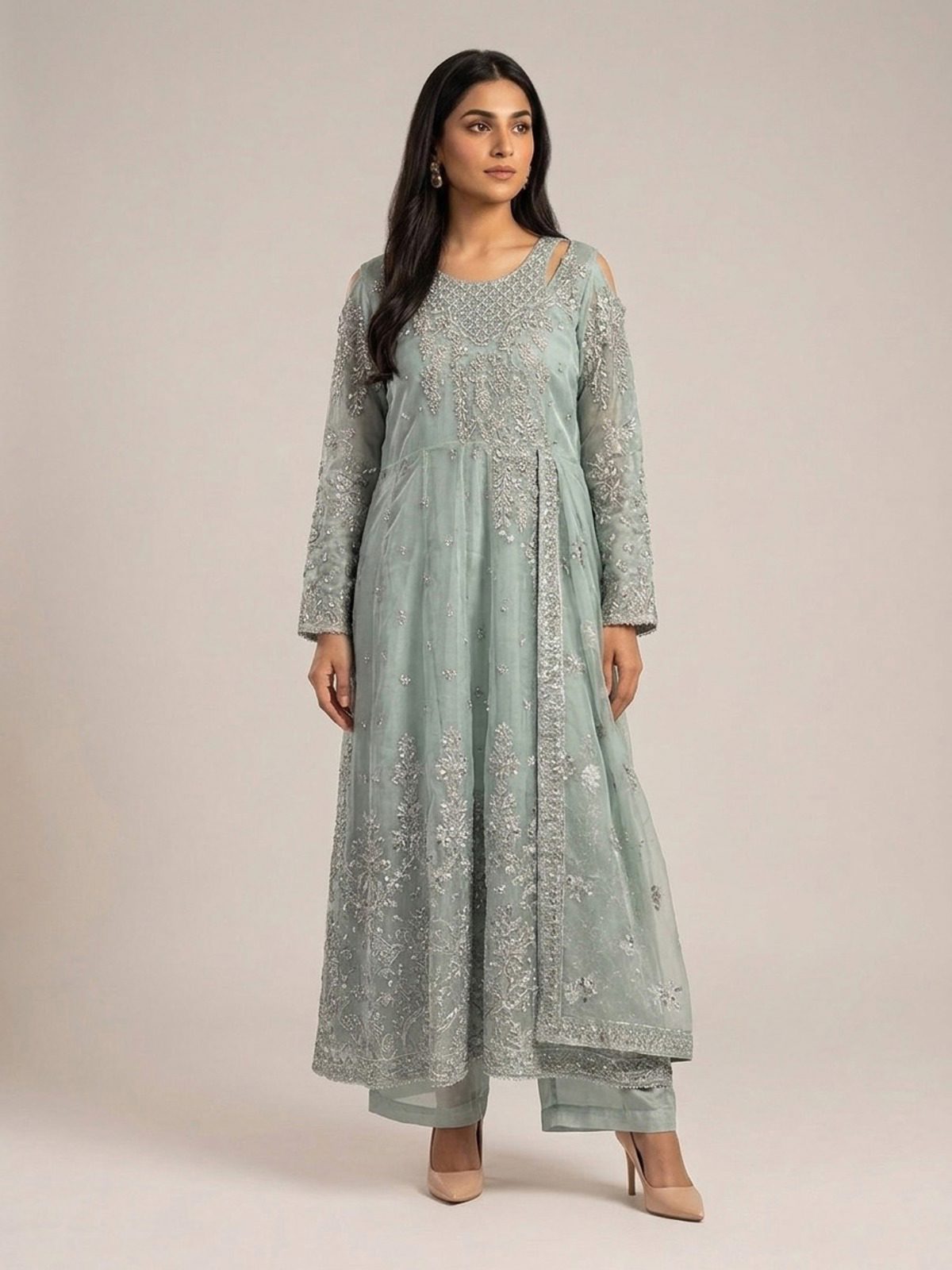 3pc maxi with embroided dupatta