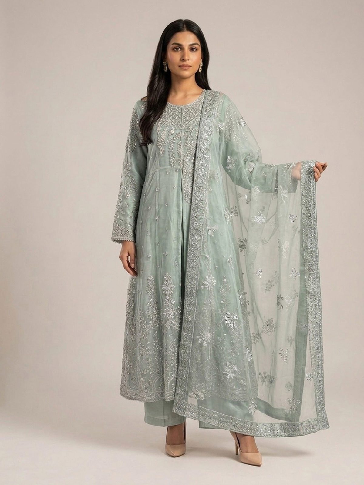 3pc maxi with embroided dupatta