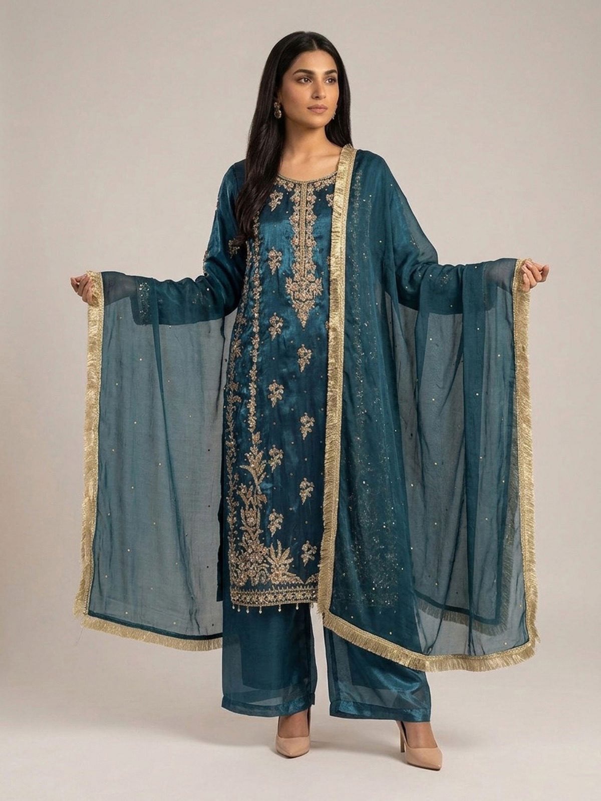 3pc premium embroidery dress with embroided dupatta and plazo