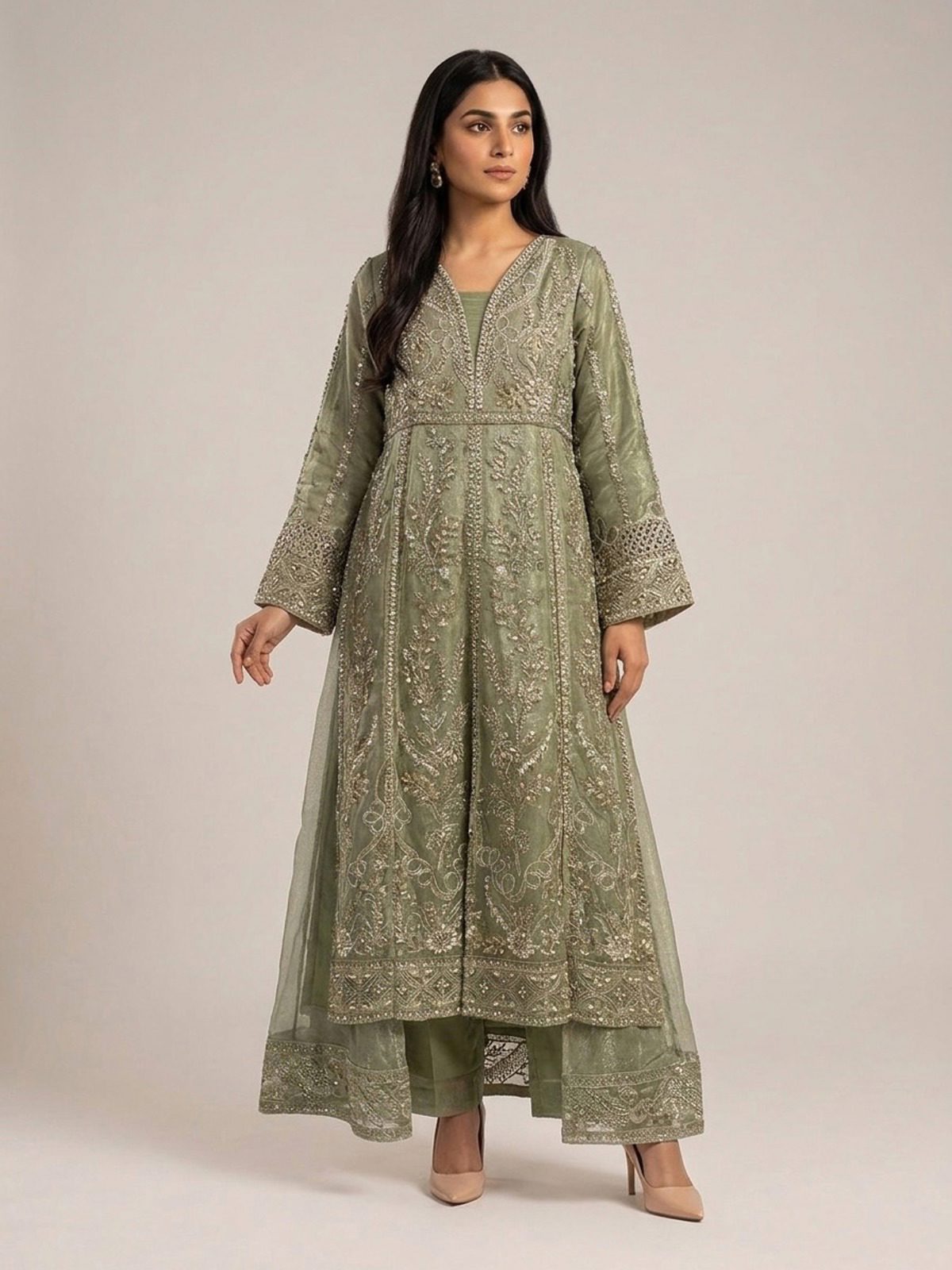 3pc maxi with embroided dupatta