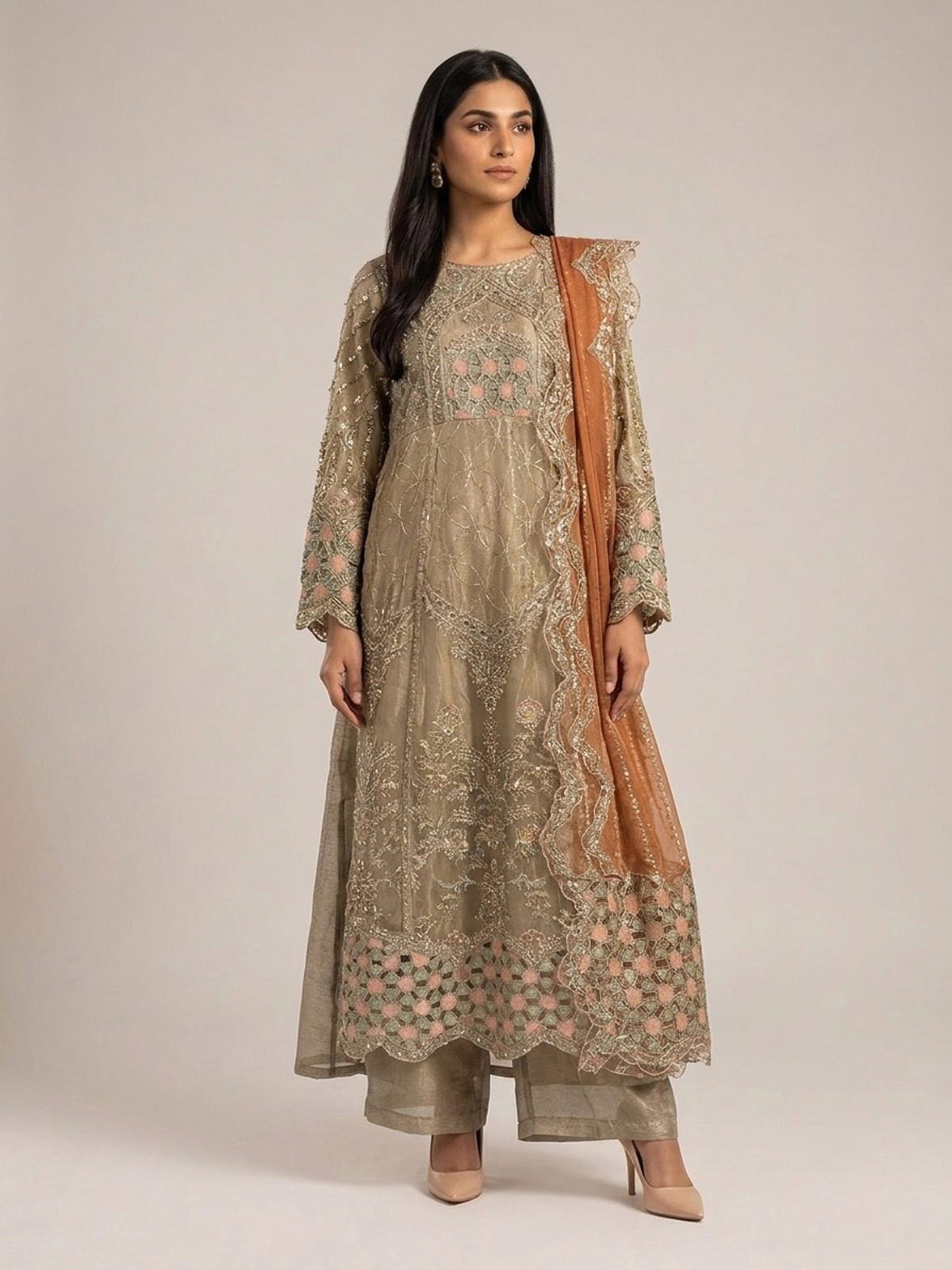 3pc maxi with embroided dupatta