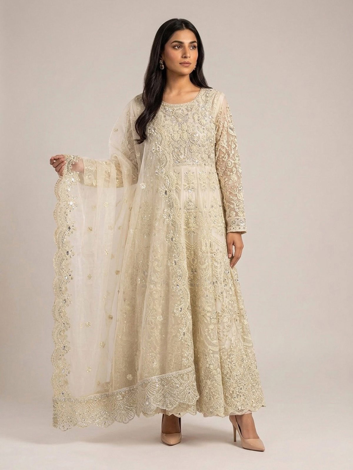 3pc maxi with embroided dupatta