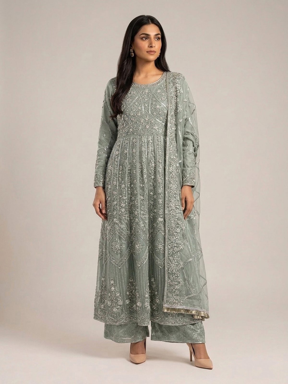 3pc maxi with embroided dupatta