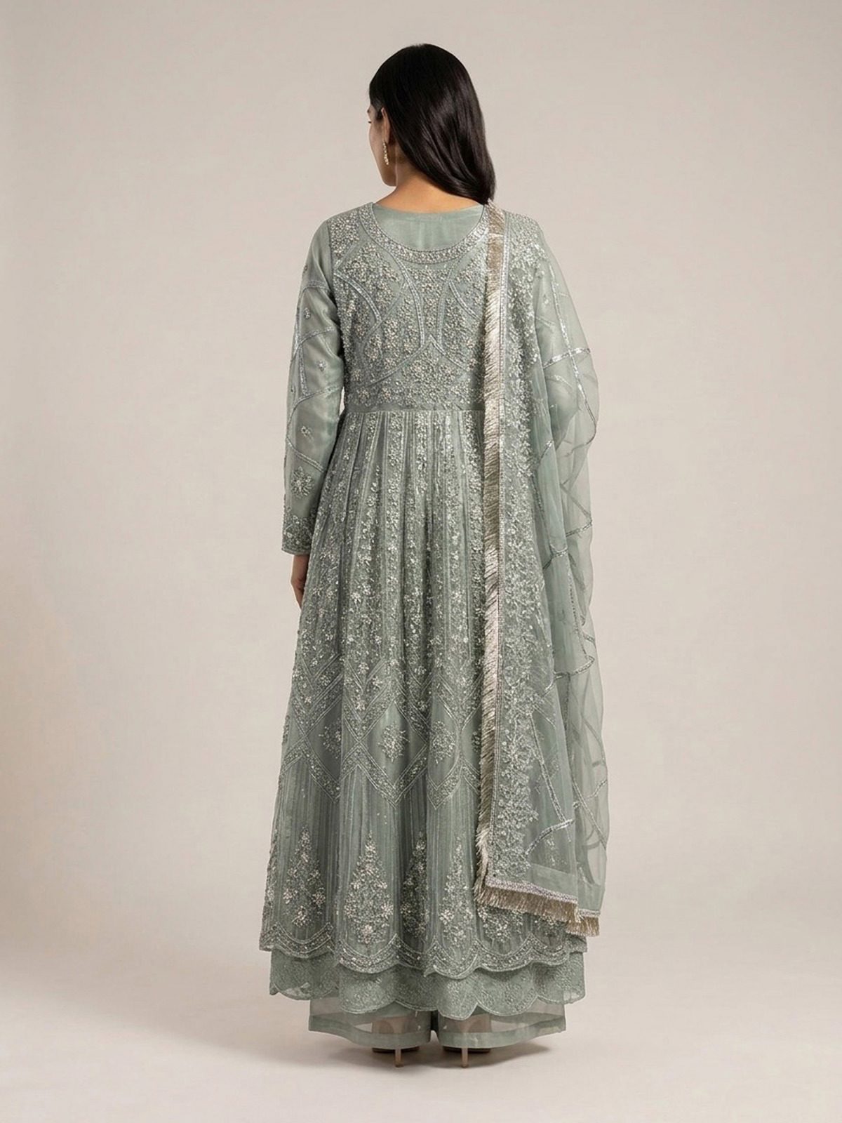 3pc maxi with embroided dupatta
