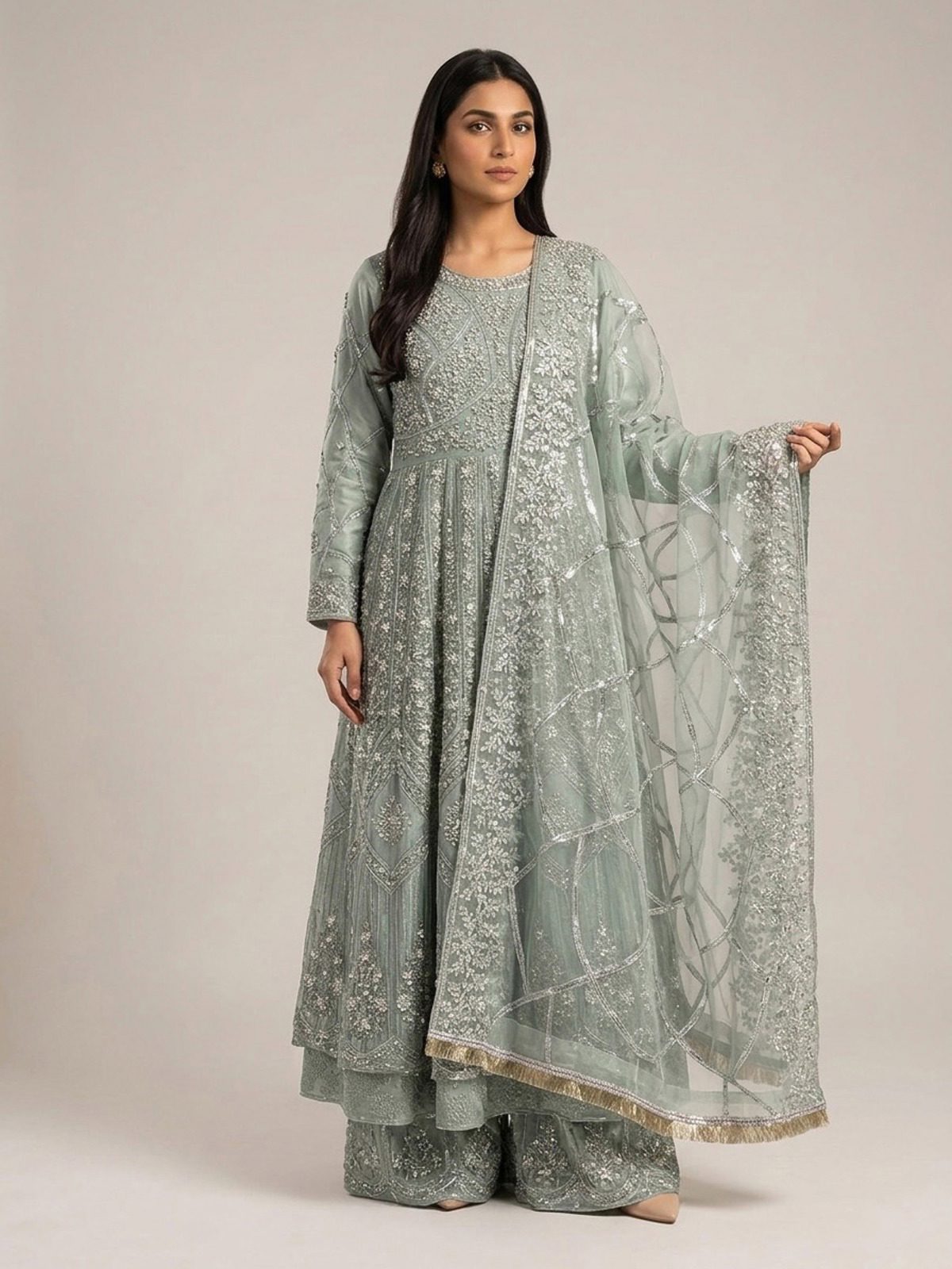 3pc maxi with embroided dupatta