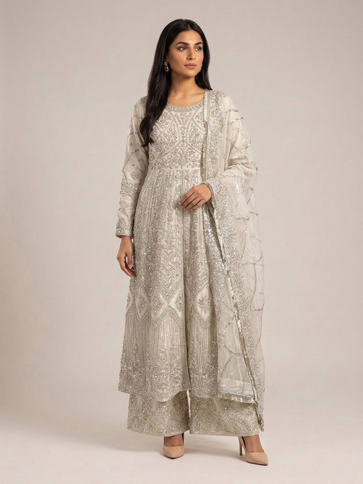 3pc maxi with embroided dupatta