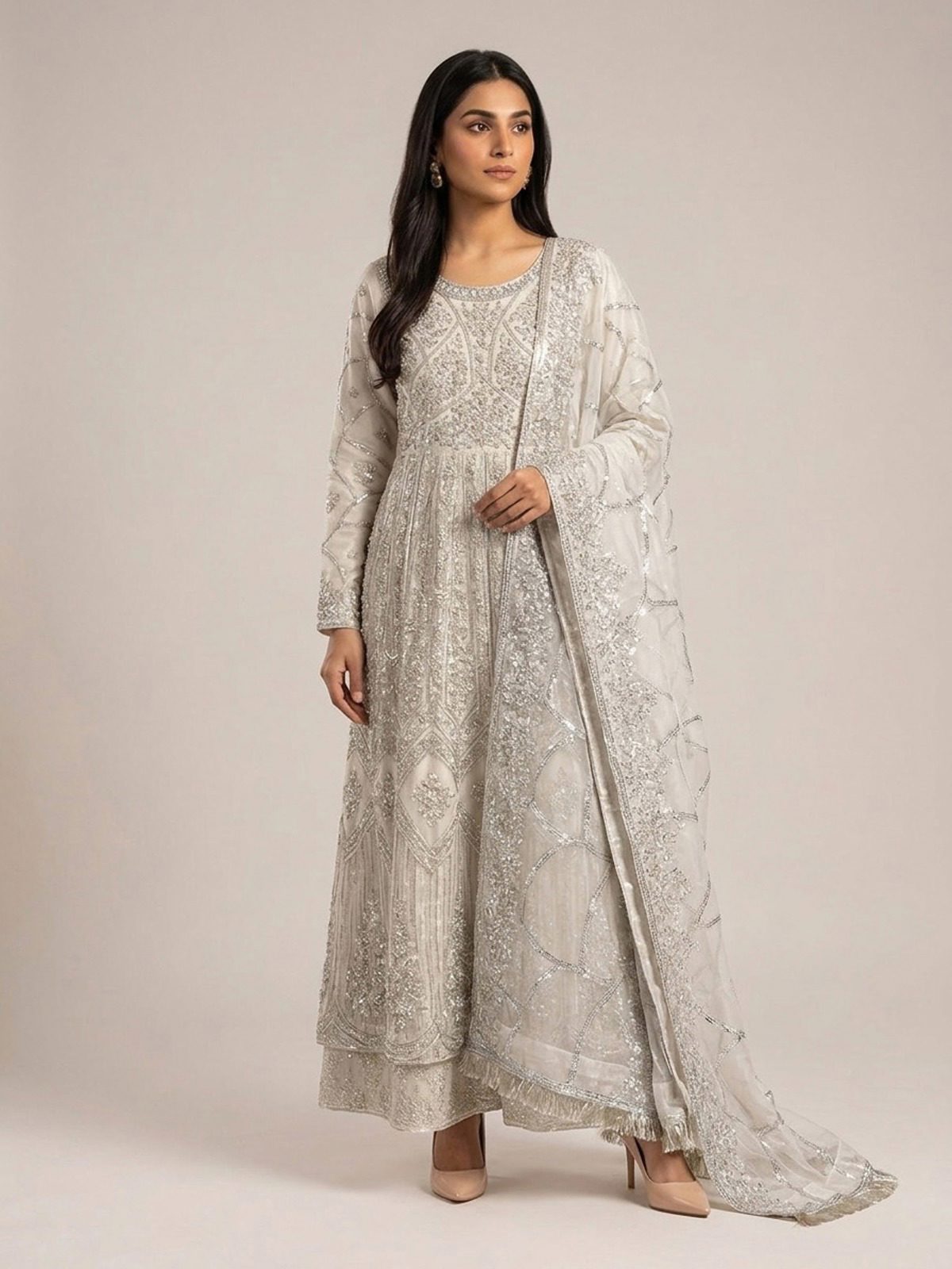 3pc maxi with embroided dupatta