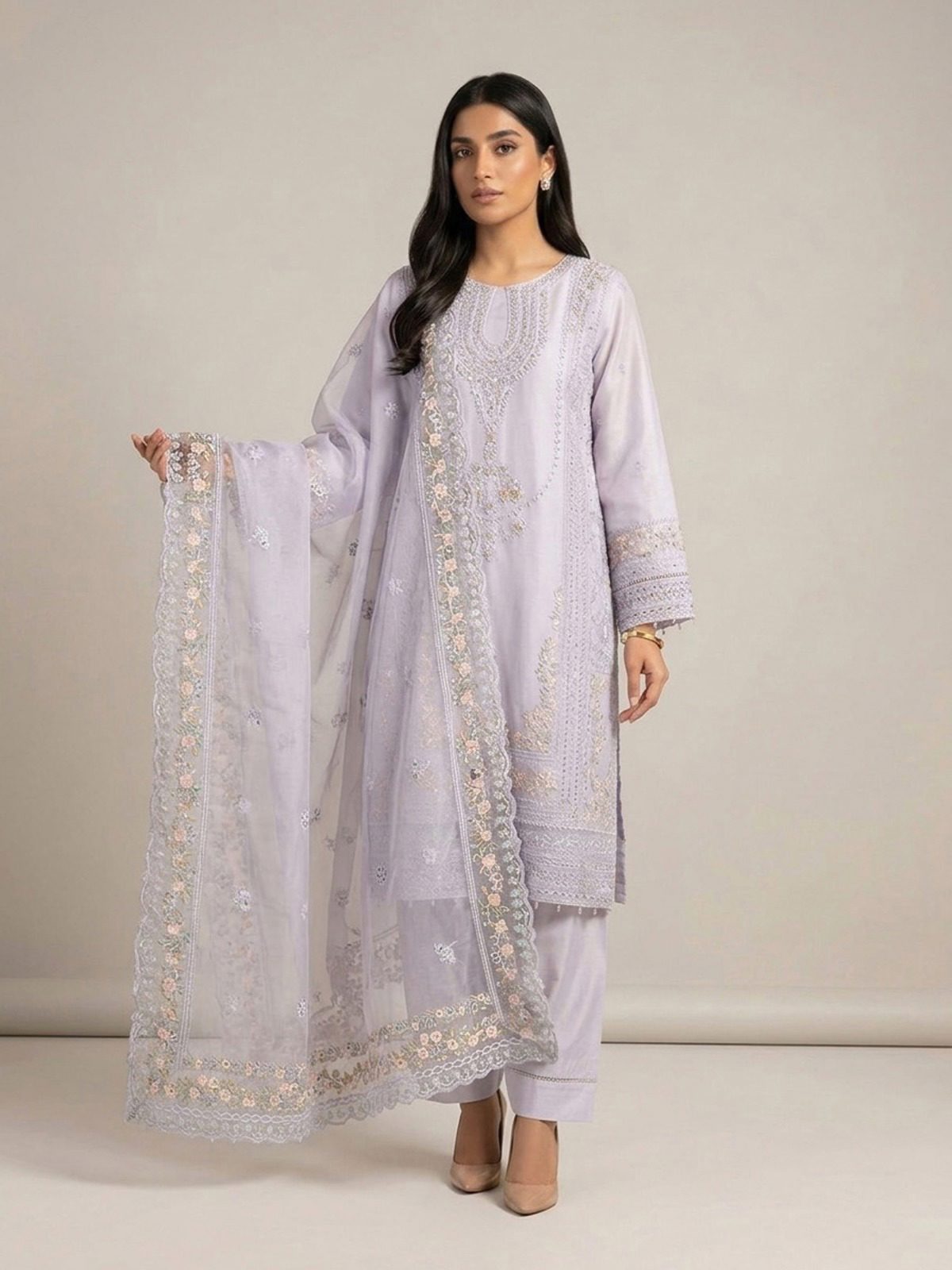 3pc maxi with embroided dupatta