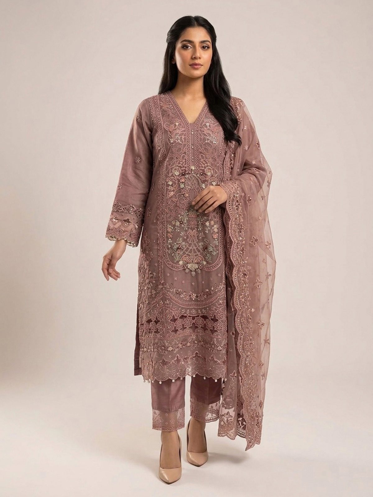 3pc maxi with embroided dupatta