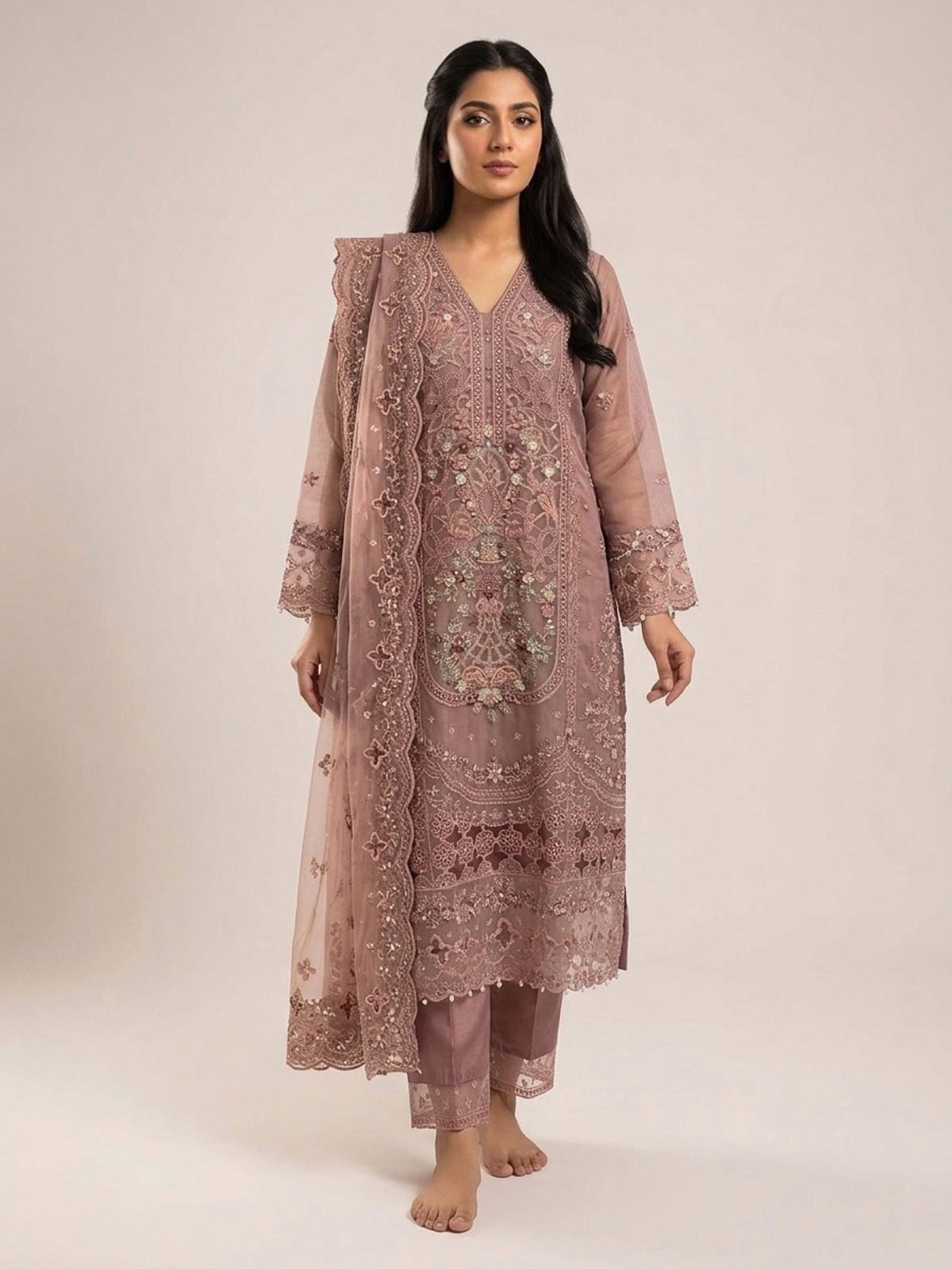 3pc maxi with embroided dupatta