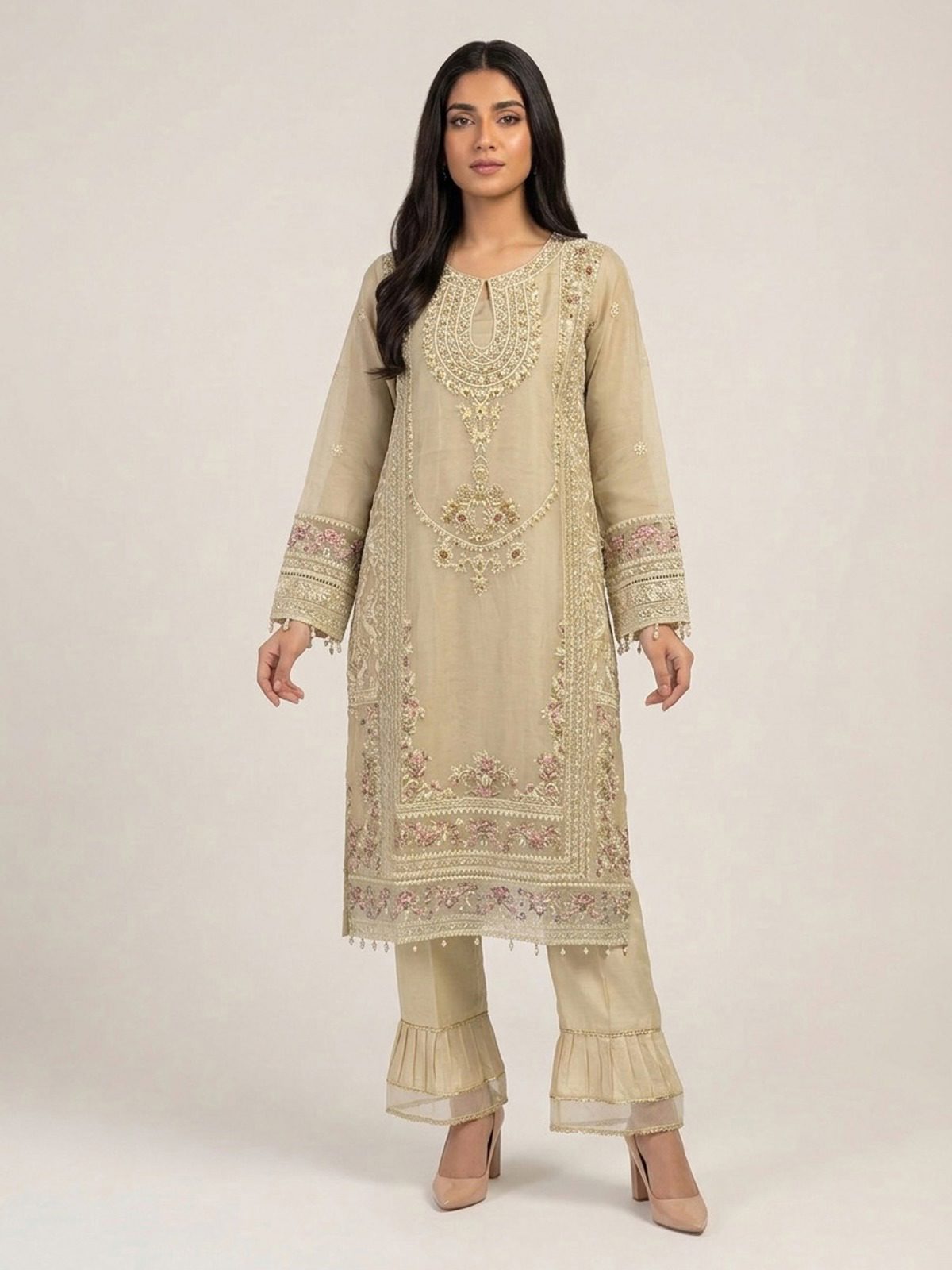 3pc maxi with embroided dupatta