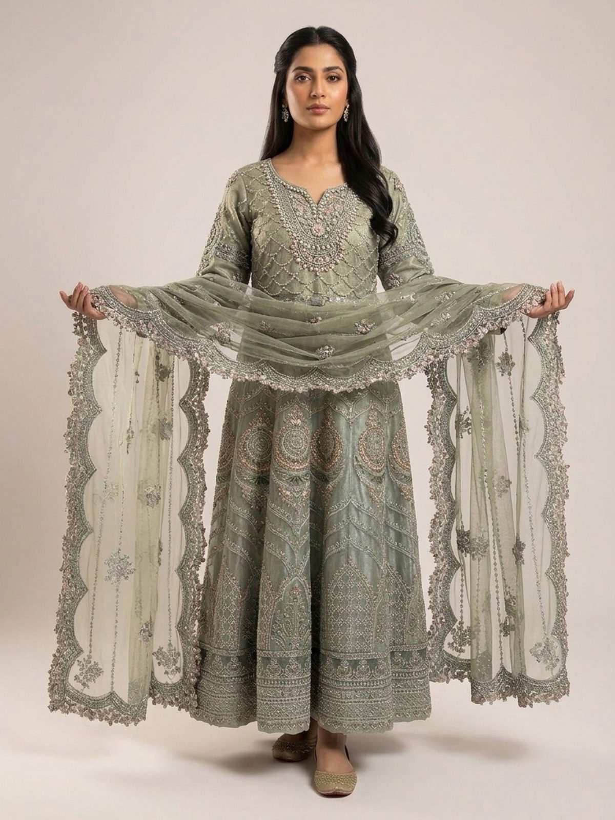 3pc maxi with embroided dupatta