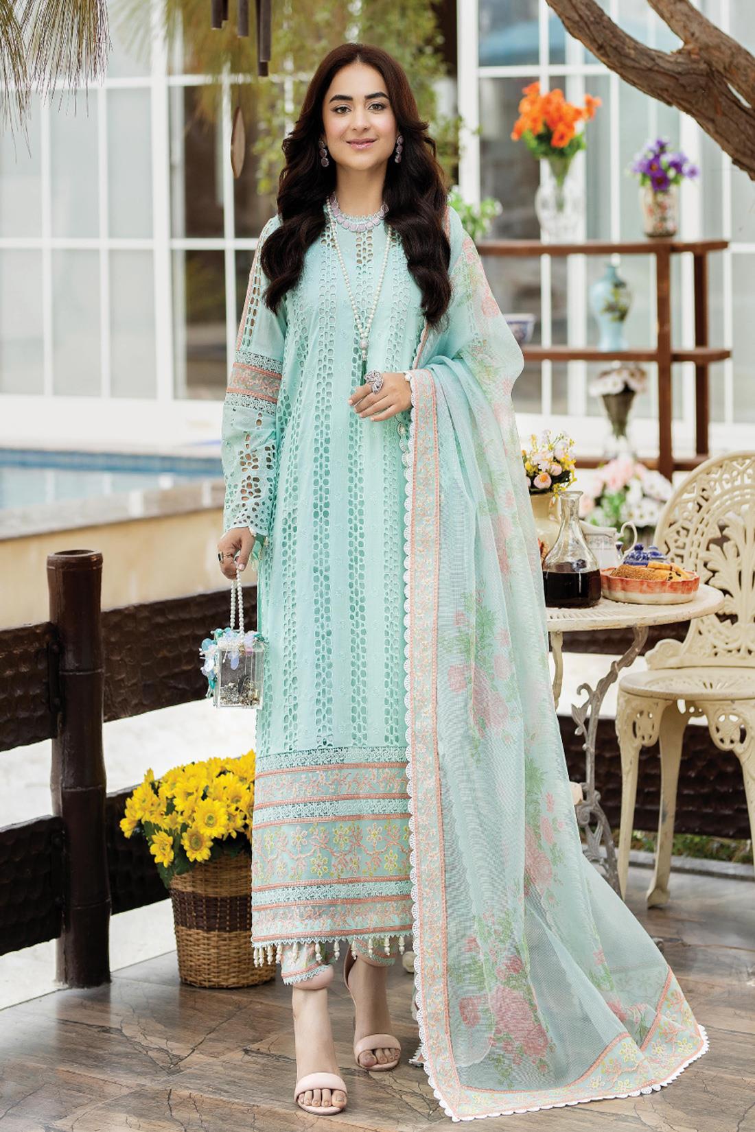 Pakistani Kameez Trousers In Sky Blue And Pink Contrast stitched