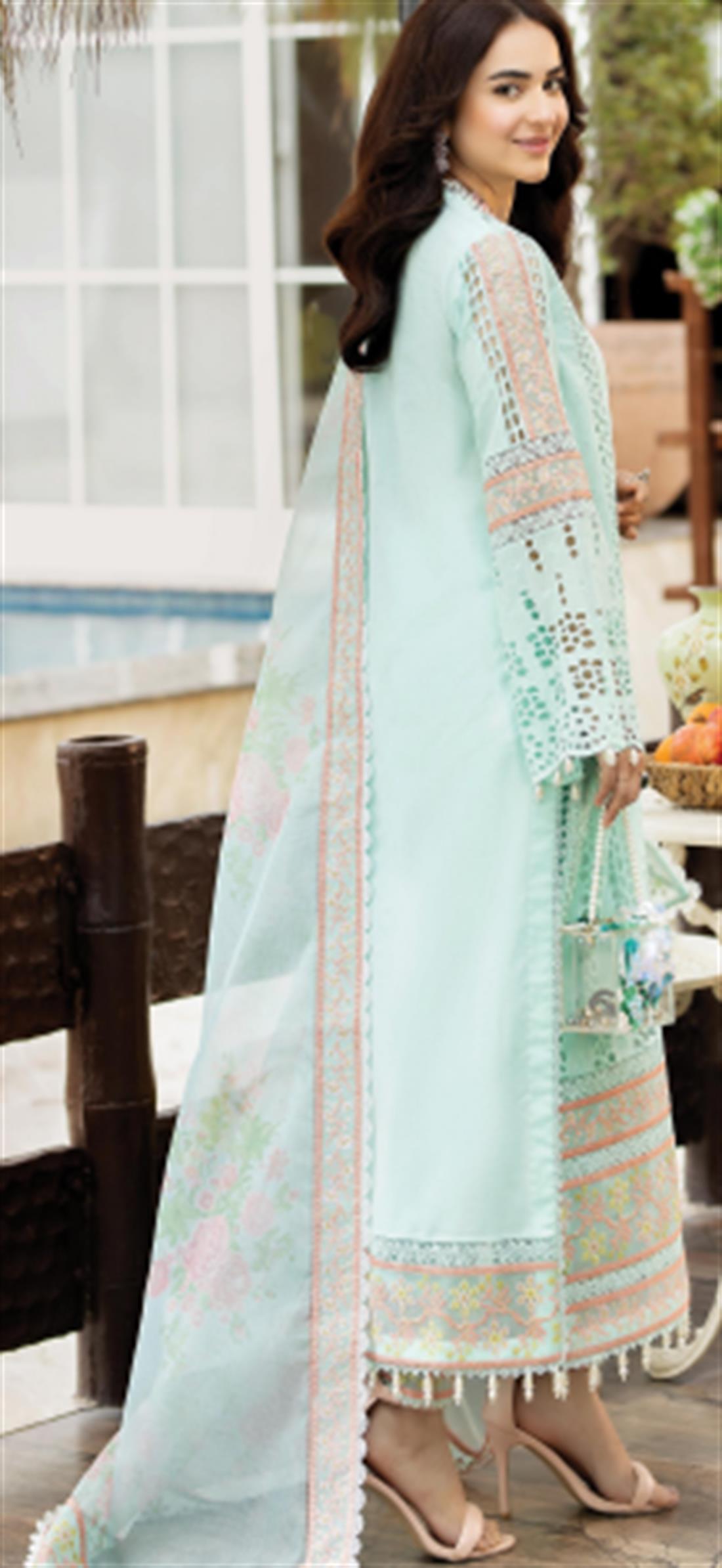 Pakistani Kameez Trousers In Sky Blue And Pink Contrast stitched