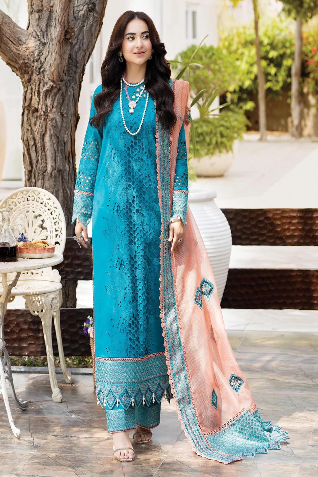 Pakistani Blue Embroidered Kameez With Capri And Dupatta Party Dress