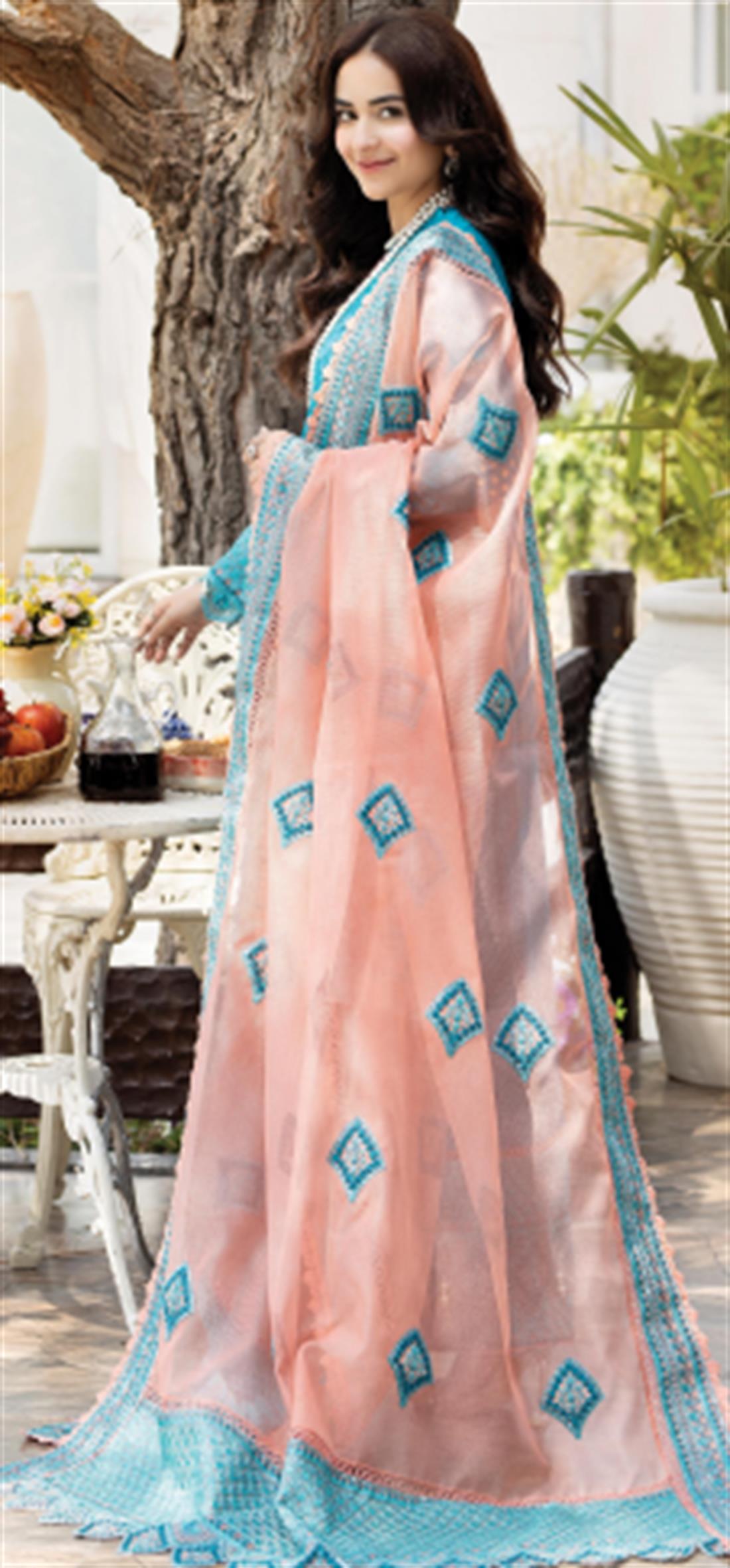 Pakistani Blue Embroidered Kameez With Capri And Dupatta Party Dress