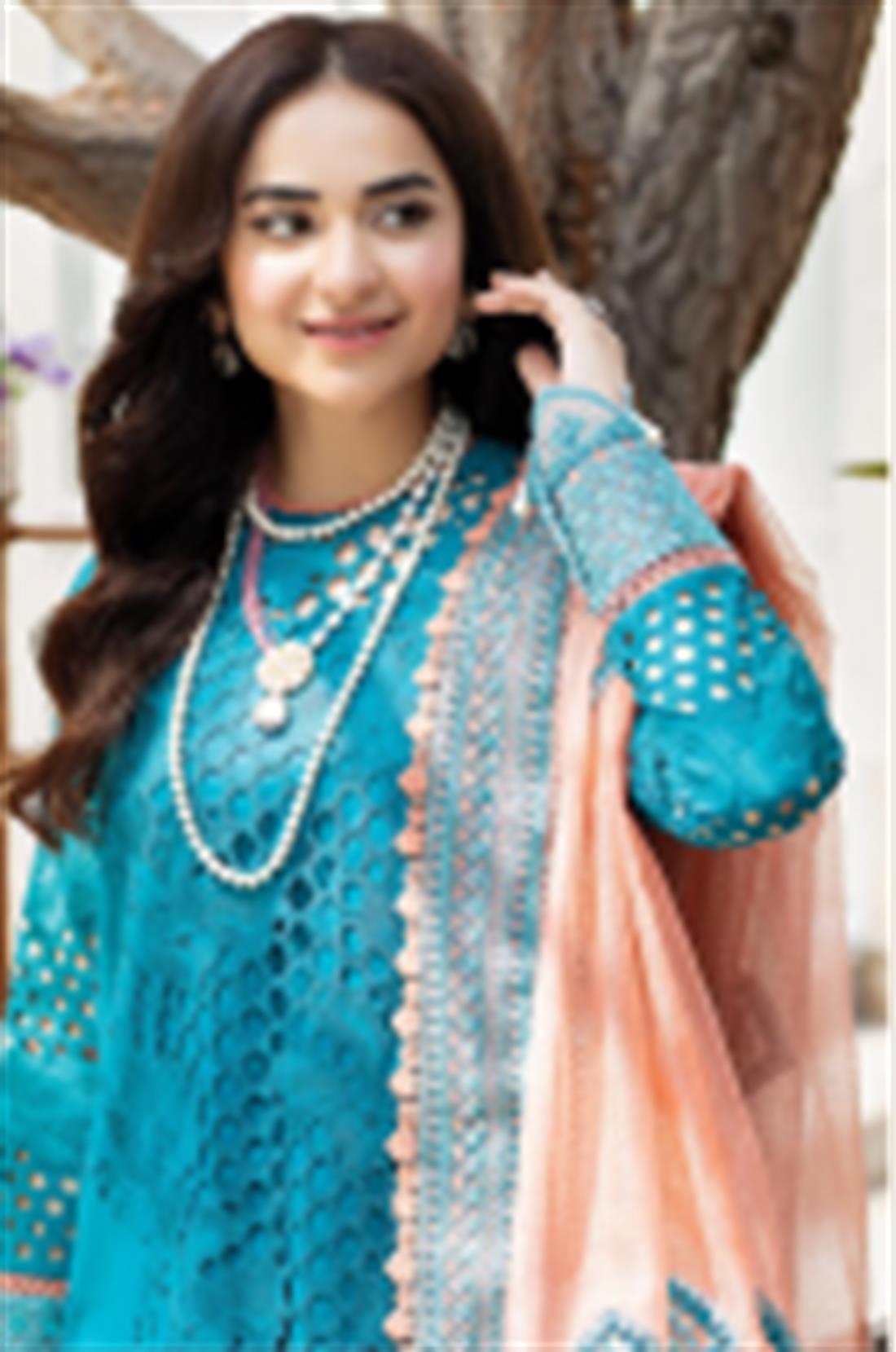 Pakistani Blue Embroidered Kameez With Capri And Dupatta Party Dress