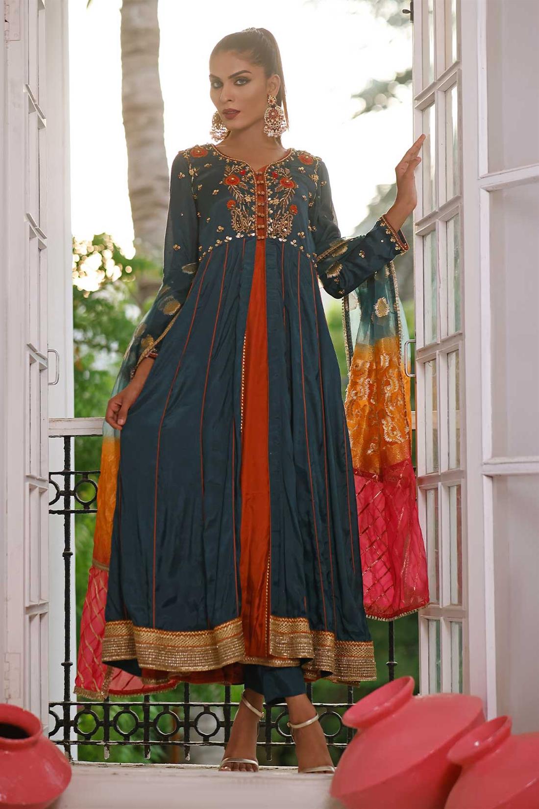 Double Frock with Hand Work with Organza